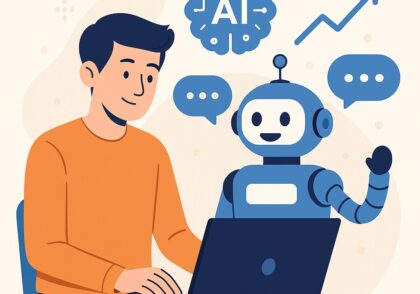 اپراتور هوش مصنوعی در حال مدیریت ربات و چت‌بات با لپ‌تاپ